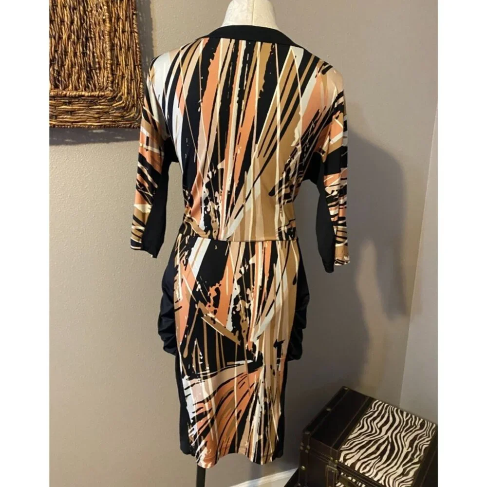 BCBGMaxAzria Dress Orange Black White L Large Stretch 3/4 Long Sleeve Washable